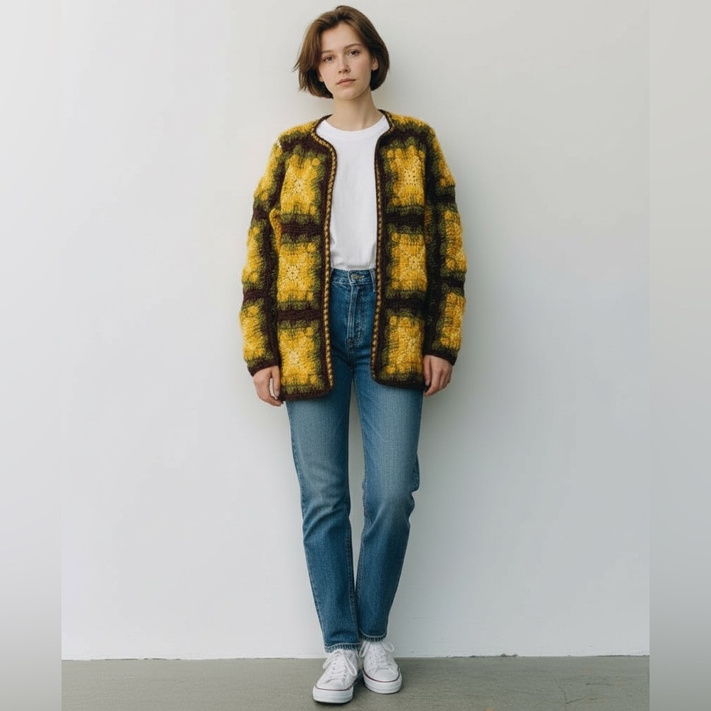 Crocheted Cardigan Large XL Handmade Knit Sweater 70s Yellow Green Brown Chunky